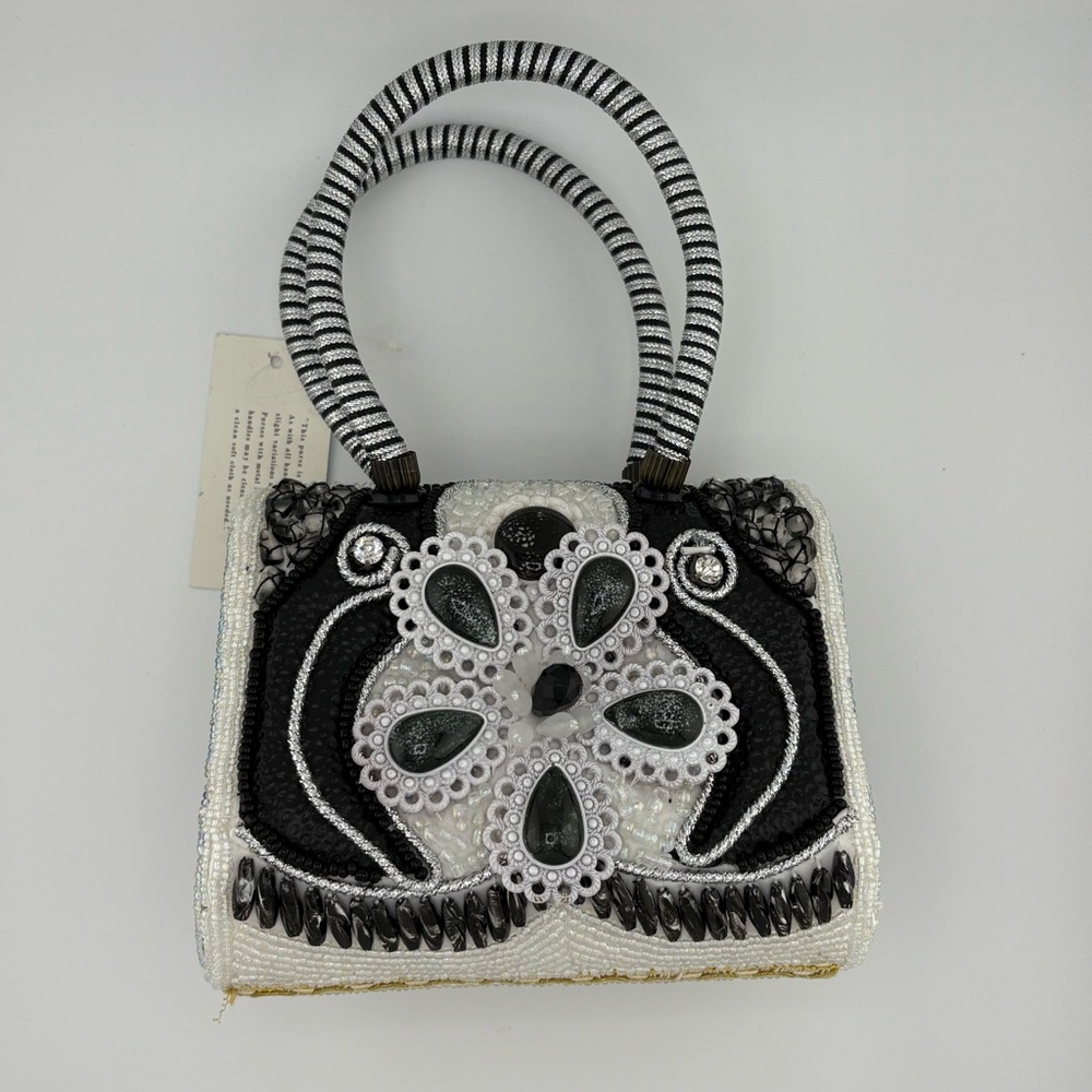 Elegant Black, Silver and White Handmade Beaded Handbag